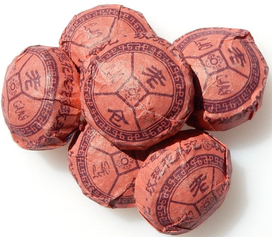 6 Lao Cang Rose Chinese Shou Pu-erh tea tuos wrapped in red packaging with burgundy characters